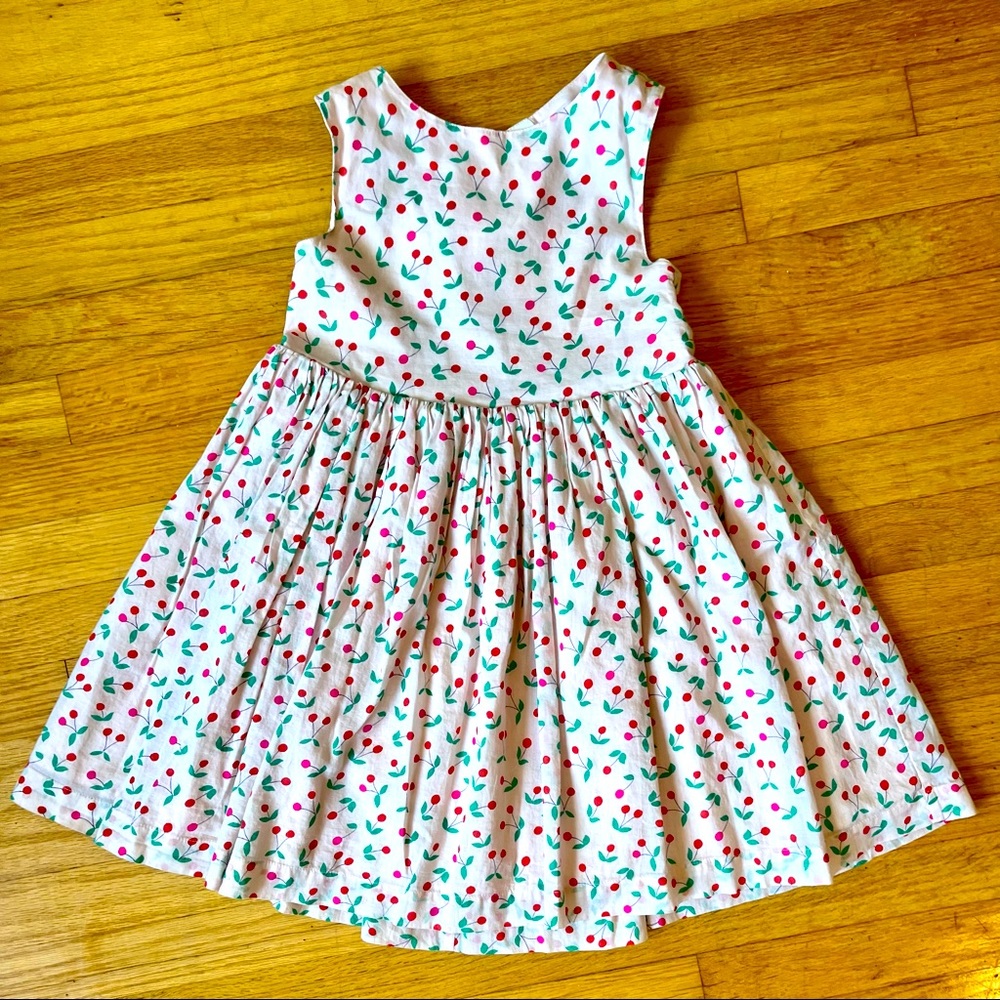 Mini Boden pink cherry cross back dress, size 5-6.